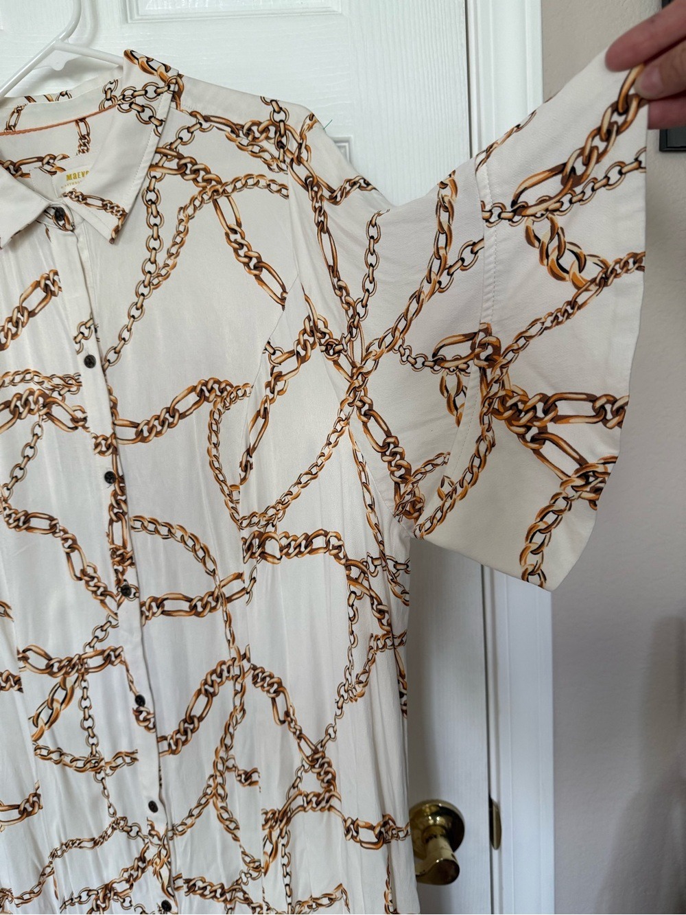 Maeve Anthropologie White Gold Chain Print Maxi Shirt Dress 2X Old Money Boho - Picture 7 of 17